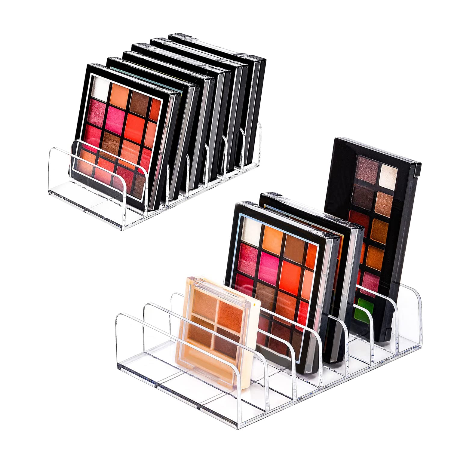 JessLab Palette Organizer, 7-Section Divided Plastic Makeup Organizer Eyeshadow Contour Blush Holder Cosmetics Storage for Bathroom Vanity Countertop (Transparent, L+S)