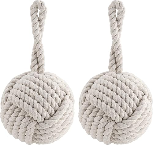 SEHOI 2 piezas de tope de puerta de algodón con nudo de cuerda náutica, tope de puerta de bola de cuerda náutica blanca crema, tope de puerta de