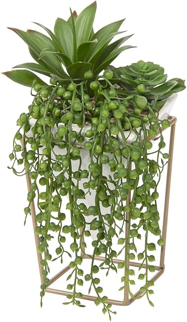Briful Artificial Plant Fake Succulent Plants in Geometric Ceramic Pot on Metal Stand, Artificial Plants in Pots Faux Succulent Potting Mix for Home Bathroom Shelf Bedroom Decor