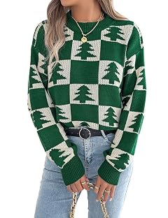 Kinghua Christmas Sweaters for Women Fall Winter Casual Crewneck Pullover Loose Fit Holiday Chunky Knit Checkered Sweater