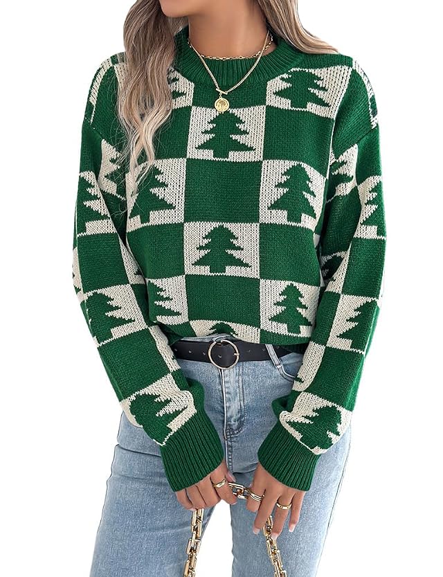 Kinghua Christmas Sweaters for Women Fall Winter Casual Crewneck Pullover Loose Fit Holiday Chunky Knit Checkered Sweater