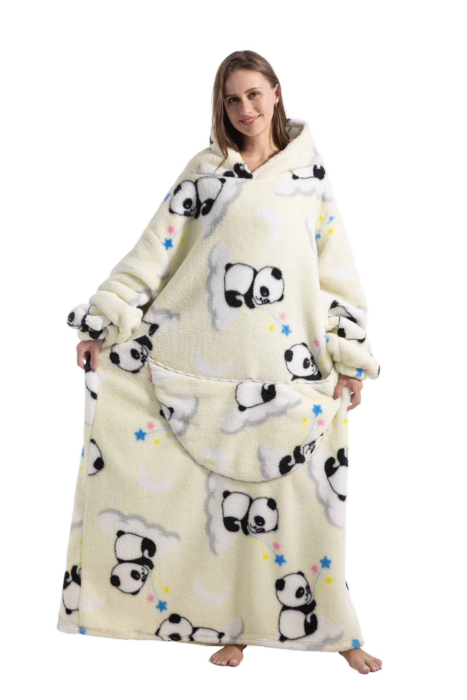Pterygoid Extra Long Oversized Blanket Hoodie,Hooded Wearable Blanket with Sleeves for Women and Men,Soft Fleece Wearable Throw Giant Sweatshirt Adult with Pocket,Panda in White,Panda on Cloud - Image 2