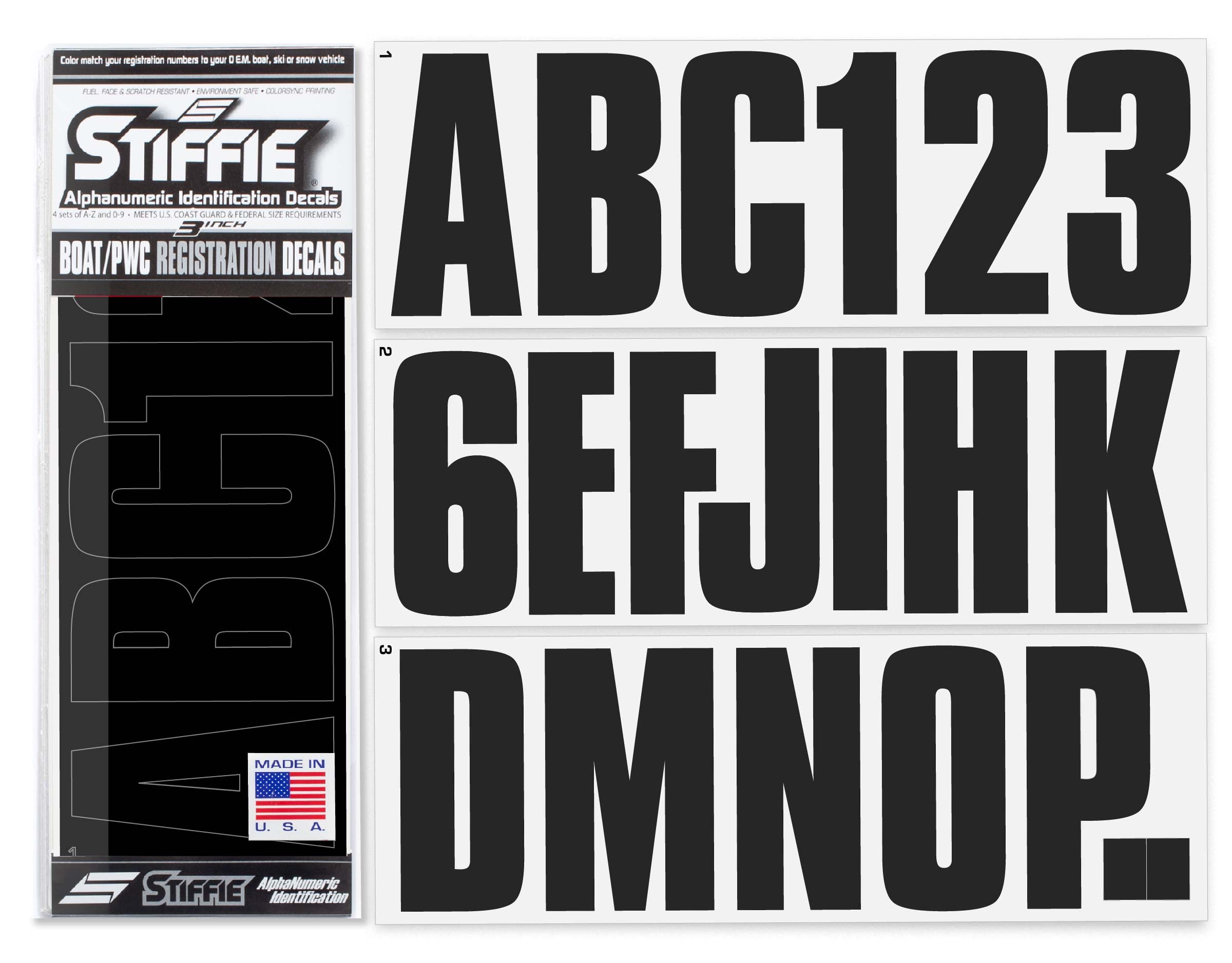 Stiffie Uniline Matte Black 3" Boat &amp; PWC Registration Decals • Numbers Letters Stickers