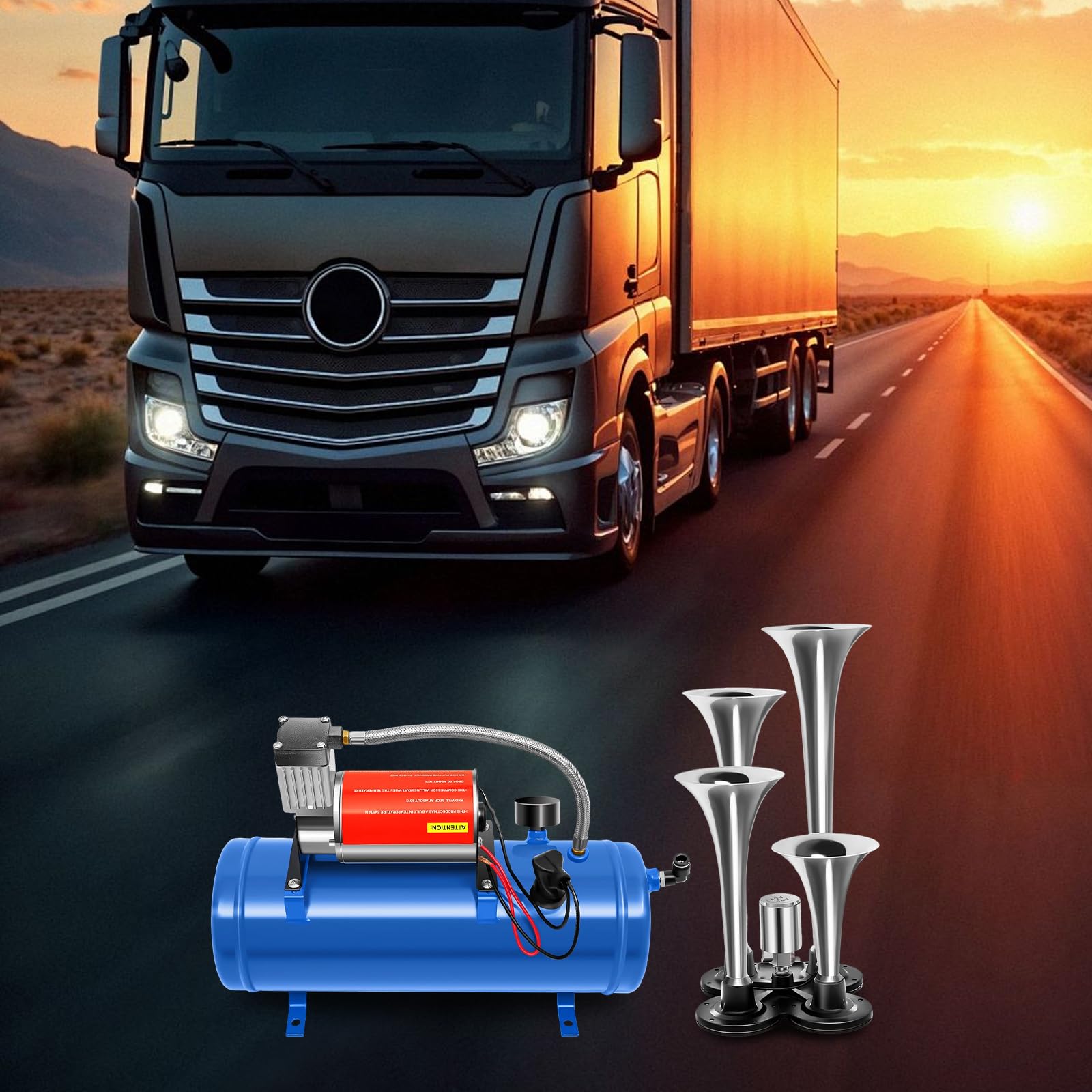 Compresor de aire de 12 V con kit de 4 bocinas de aire Trumpet Train 150PSI con depósito de 6 L para vehículos, motores de automóviles, bicicletas, neumáticos, pelotas, juguetes y barcos, color azul