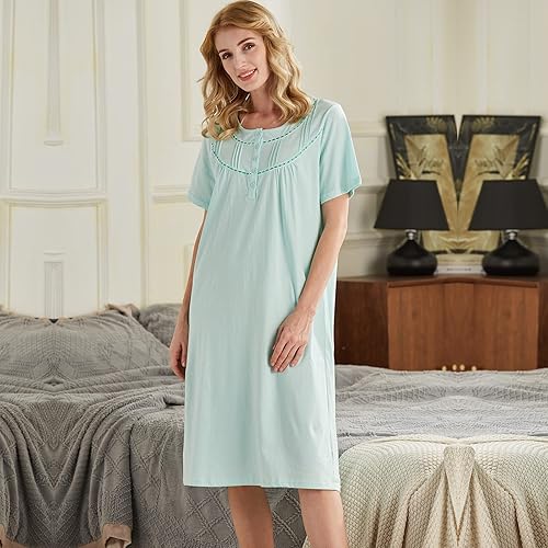 Miniatura 5 de Keyocean - Camisón de algodón para mujer, suave, cómodo, ligero, manga corta, vestido de casa, ropa de dormir, ropa de sala para verano.