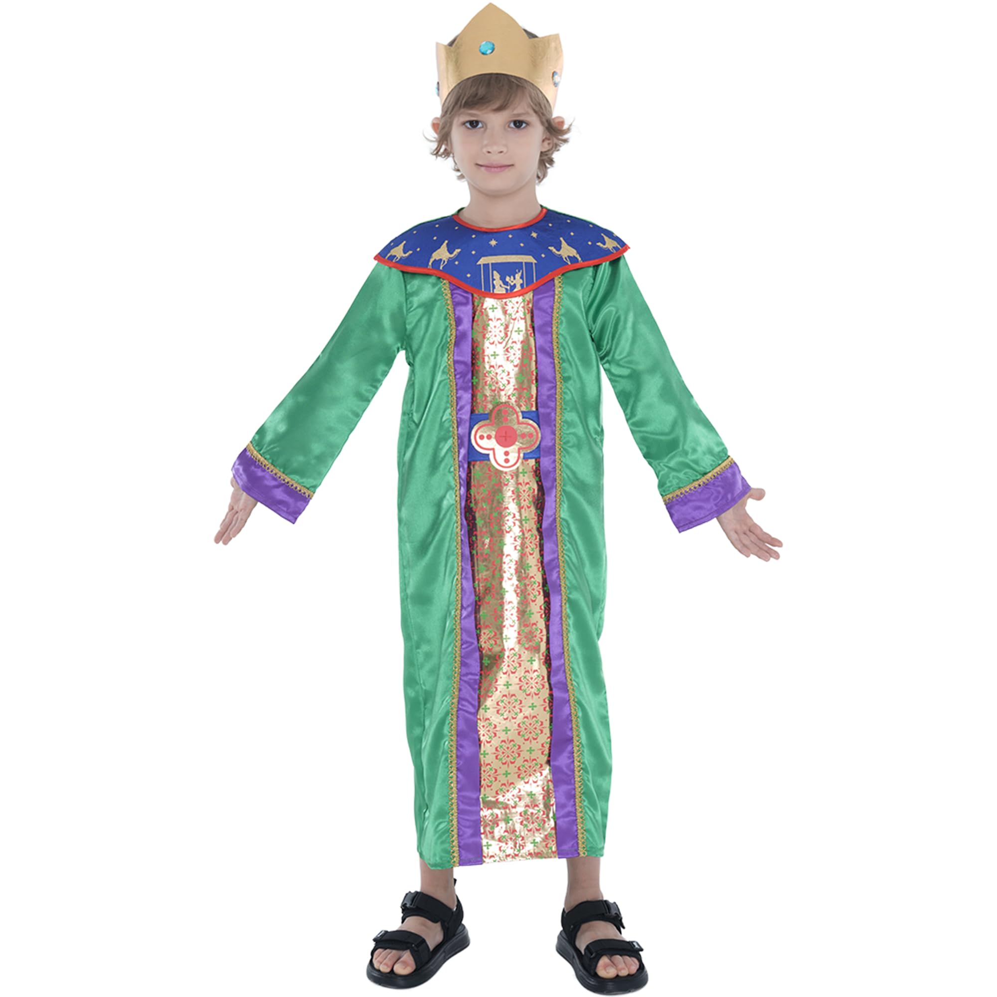 Sincere Party Christmas Nativity Wise Man Costume for Kids Xmas King Dress Up with Fabric Crown Green 3-4 years