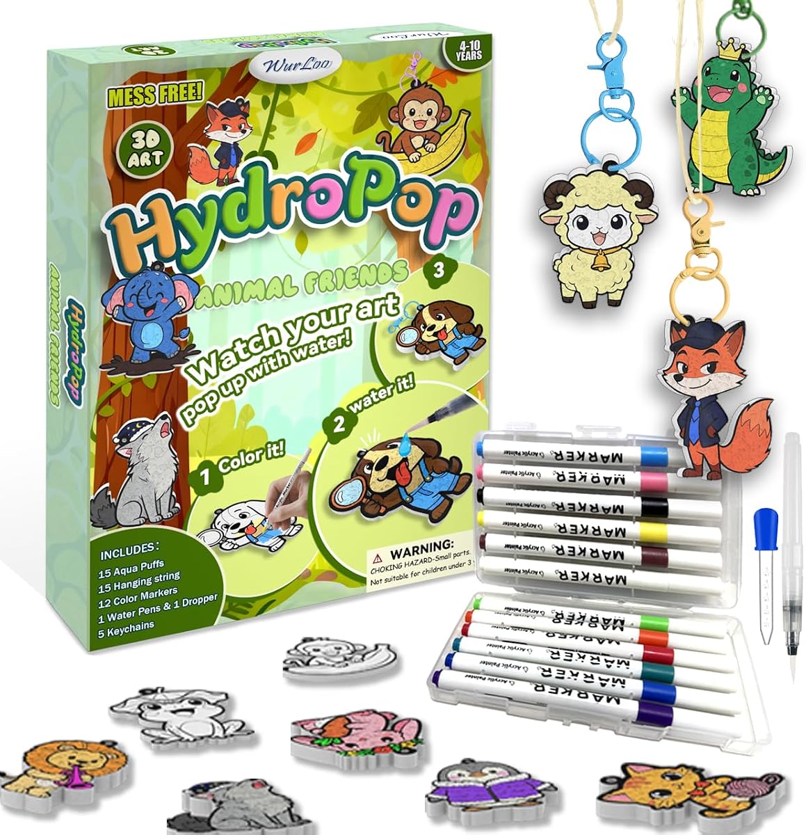 WurLoo Aqua Magic Puffs Paint 3D Art Kit Animals, Mess-Free Craft for Kids, DIY Color & Inflate Activity, Travel Toys & Creative Gifts for Girls and Boys Ages 4, 5, 6, 7, 8, 9, 10