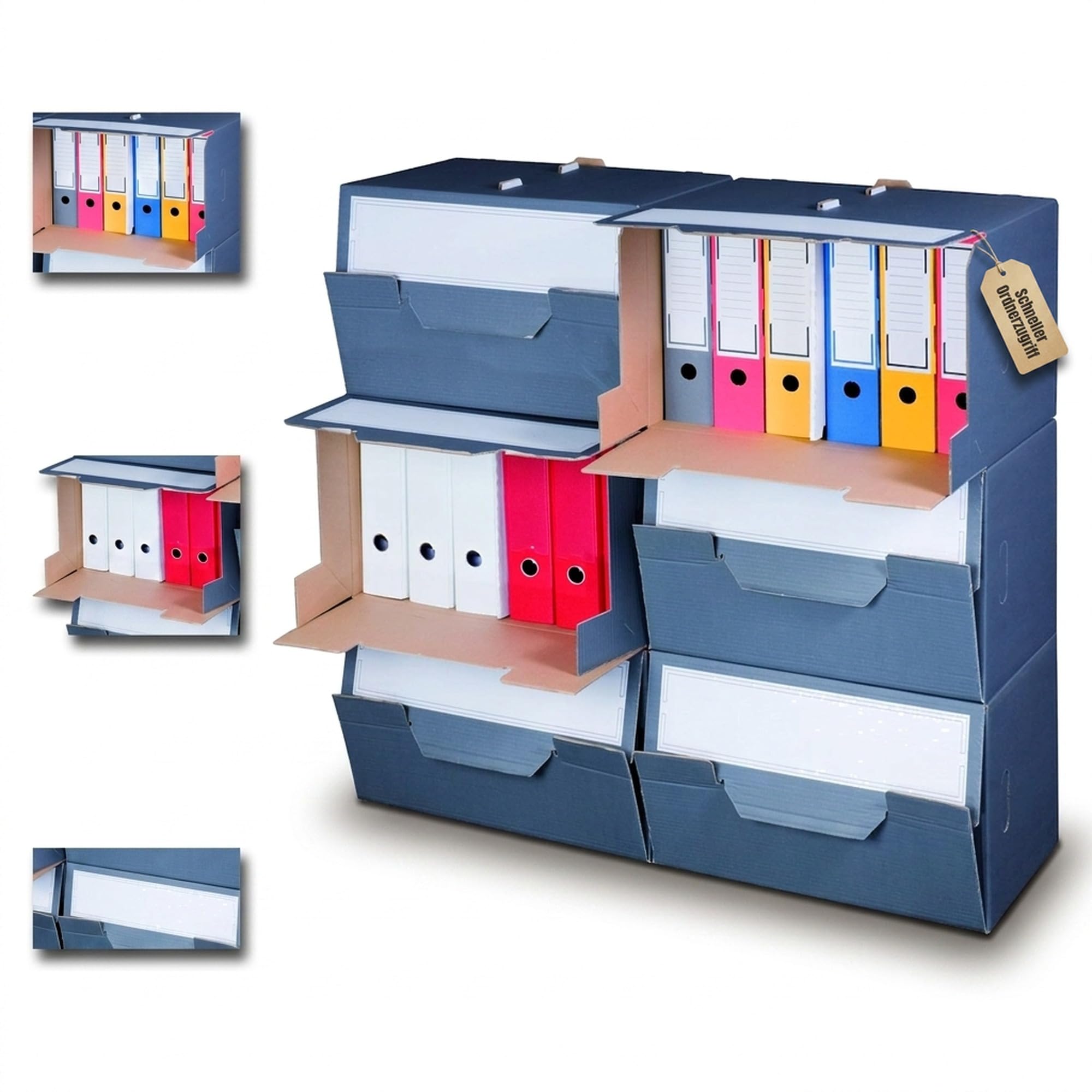 KK Verpackungen Archivbox | 10 Stück, Archivschachteln mit Frontklappe für 6 Ordner | Stapelbar, Zweiwelliger Karton mit Mittelsteg | Automatikboden, Tragegriffe | Anthrazit 520x340x330 mm