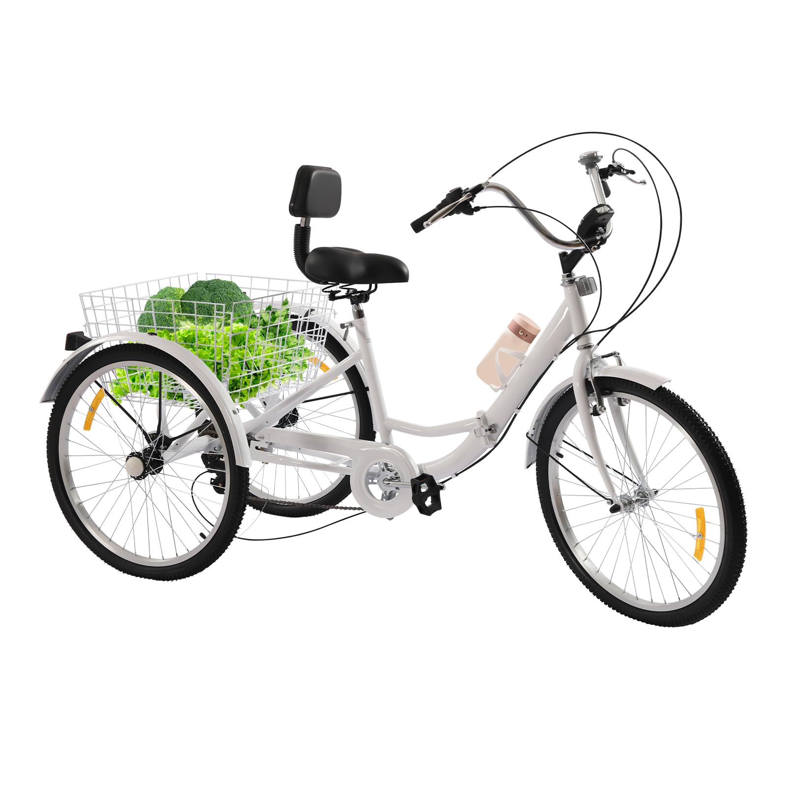 Triciclo pieghevole per adulti, 24 pollici, 7 velocità, 3 ruote, con cestino, portata 110 kg, bici da città da 175 cm, sedile regolabile, adatta per adulti, colore bianco