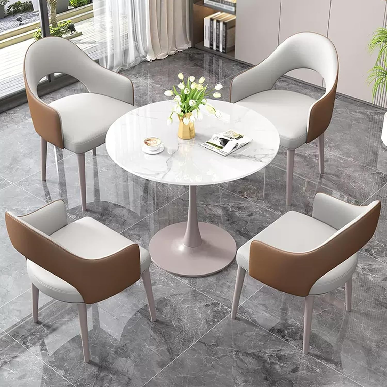Office Reception Room Club Table, 31.5inch Round Office Table with Chairs Set of 5, Small Conference Room Negotiation Table Sets, Coffee Table and Chair Set, for Family Apartment(Brown)