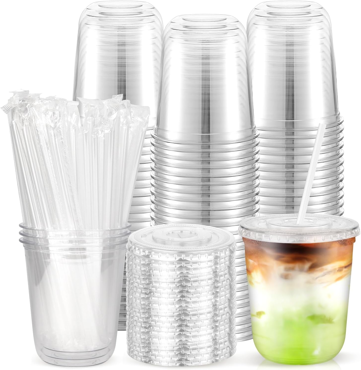 100PCS 12 oz Disposable Plastic Cups with Flat Lids and Clear Straws, Round Bottom To Go Iced Coffee Cups, Small Holiday Cups for Smoothies, Cold Drinks, Coffee Shop, Juice Bars, Christmas Party 12oz