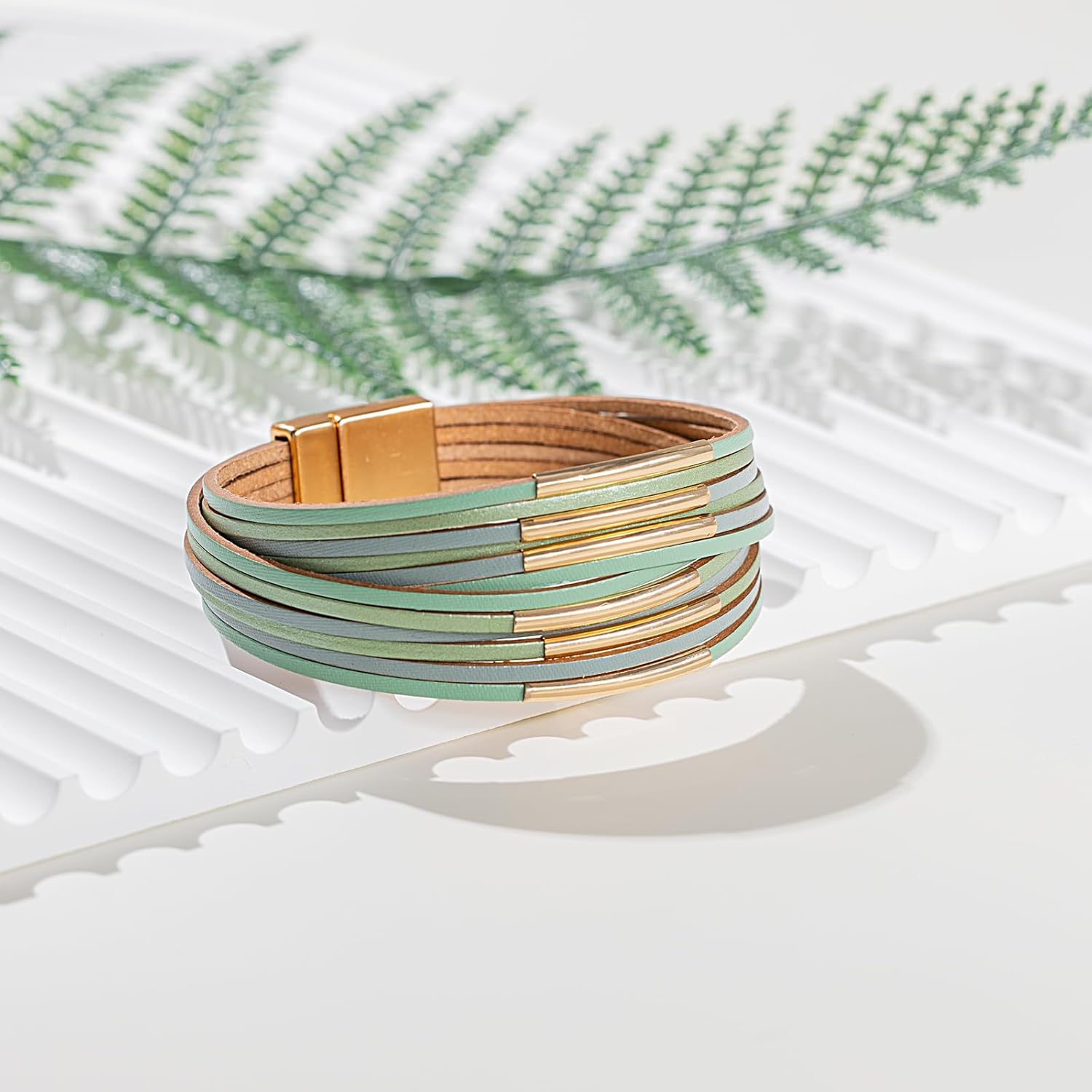 FANCY SHINY Boho Leather Bangle Bracelets Stackable Noodle Tube Bracelets Layered Wrap Cuff Bracelets with Magnetic Clasp - Image 7