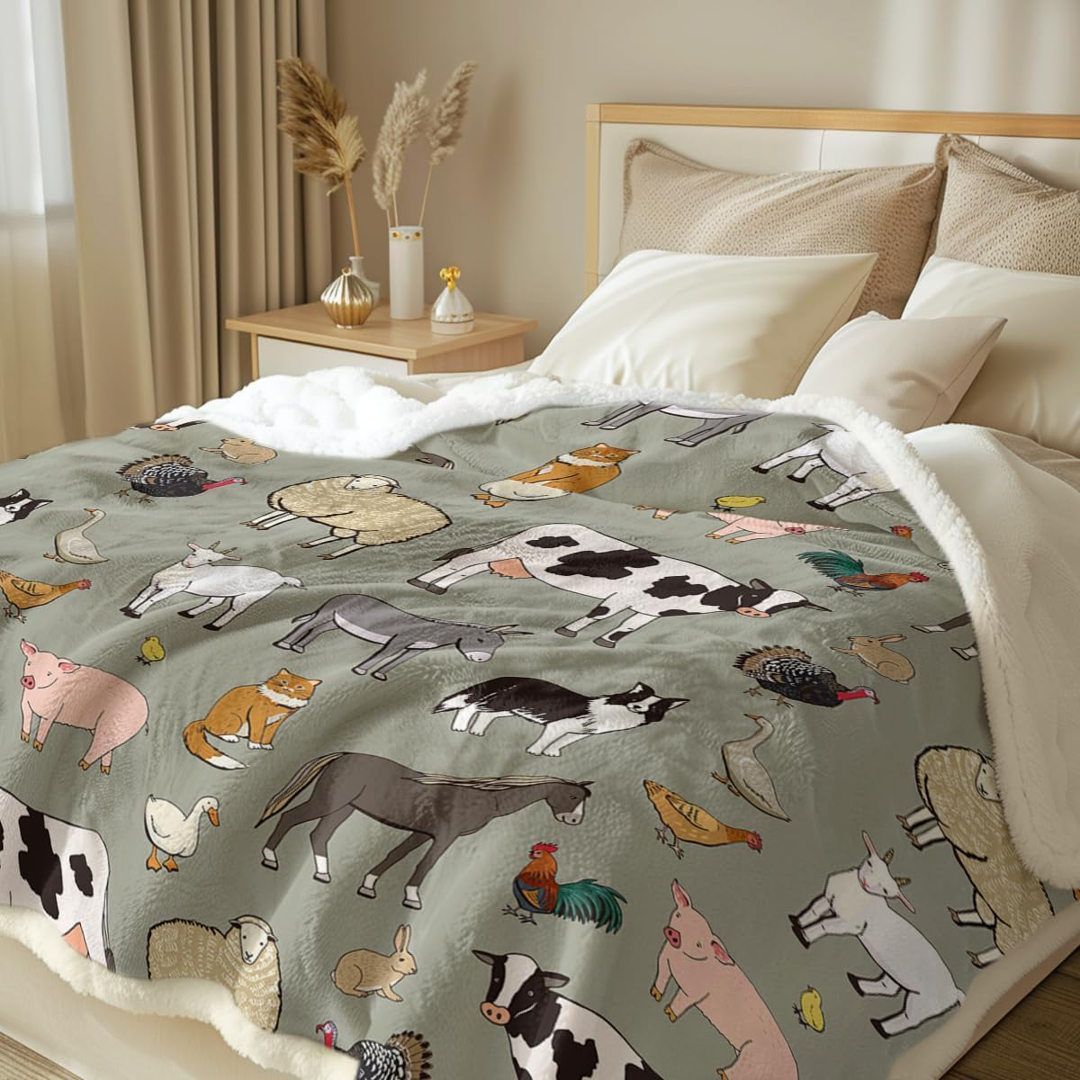 Sleepwish Farm Animals Fleece Blanket for Couch: Soft Sherpa Blanket for Animal Lovers - Cow Print Throw Blankets Kids Women Gift (50" X 60")