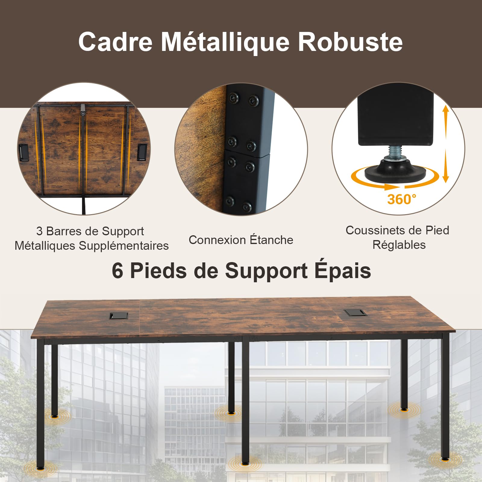 COSTWAY Table de Conférence pour 10 Personnes, Grande Table de Réunion, 2 Passe-câbles, Bureau de Séminaire Rectangulaire, Mobilier de Formation pour Bureau, Salle de Réunion, Marron Rustique