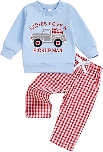Toddler Boy Christmas Outfits Long Sleeve Sweatshirt + Pants Set | Baby Boy Christmas Outfit Round Neck Loose Fit Plaid Print Ribbed Cuffs Warm Winter Clothes Set Gingerbread Baby Outfit