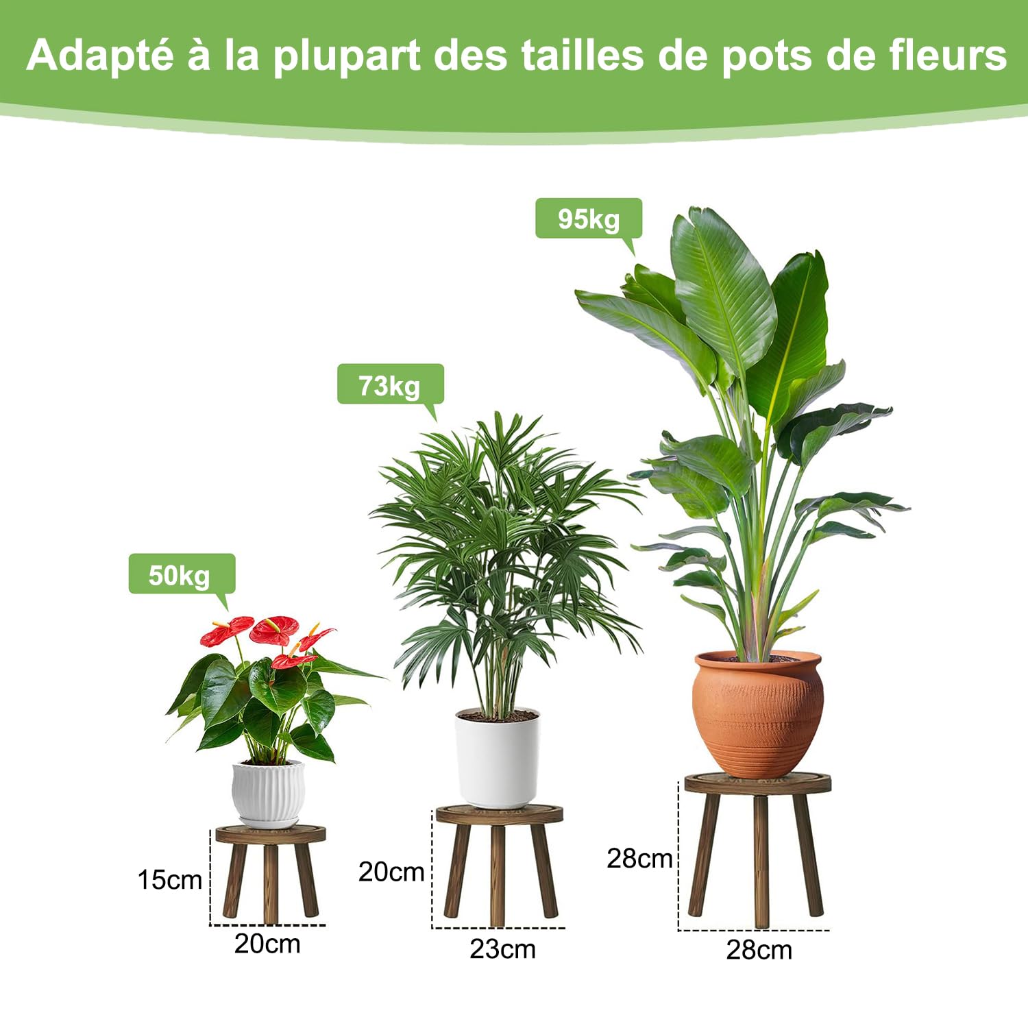 FUSHITON Support Plantes Moderne pour Grandes Plantes, Lot de 3 en Brun Foncé avec Base Triangulaire Stable, Décoration Maison