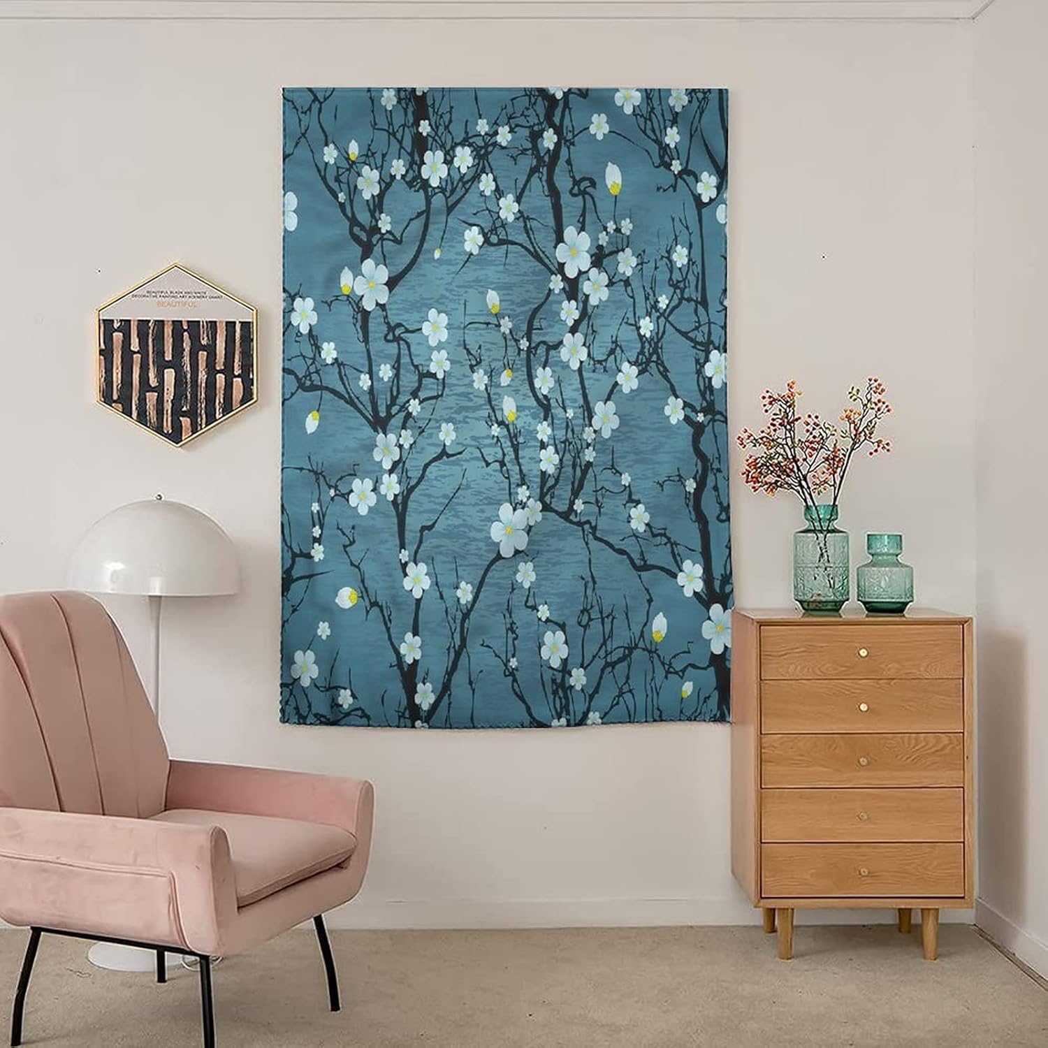 Self Adhesive Portable Blackout Curtains, Floral Room Darkening Curtains, Sakura Cherry Tree Branches Print Temporary Blackout Blinds,47W x54L Inch, for Nursery,Children Kids Bedroom or Travel Use
