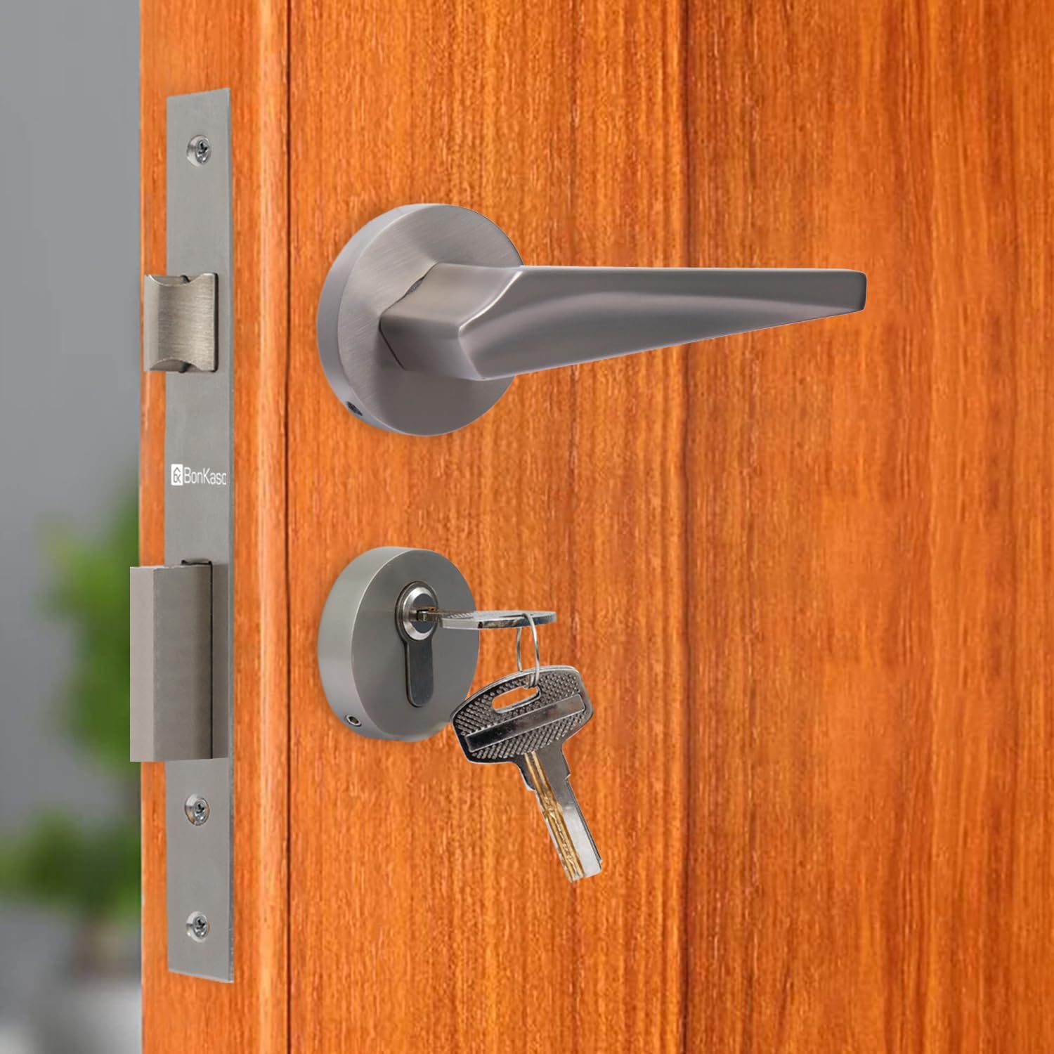 BonKaso F023401 Premium Zinc Heavy Duty Safe and Secure Mortise Main Door Lock Set with Door Handle and 3 Keys for Home, Office & Hotel - (Stainless Steel Finish) Set of 1