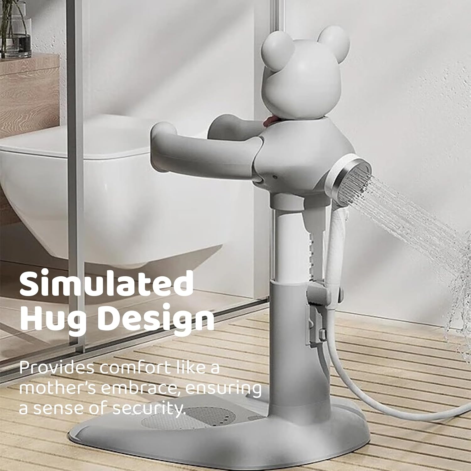Lusinus Baby Shower Stand With Anti-Slip Base - Huggable Bear Bath Support for Infants & Toddlers 8M-36M, Portable Helper, Easy to Use, Durable Aid (Gray)