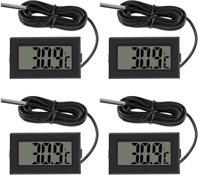 AOICRIE 4pcs Digital LCD Thermometer, Fahrenheit Temperature Digital LCD Fridge Thermometer 2M Cable with Probe for Fridge Freezer Refrigerator Aquarium (Centigrade) (2M, Black)