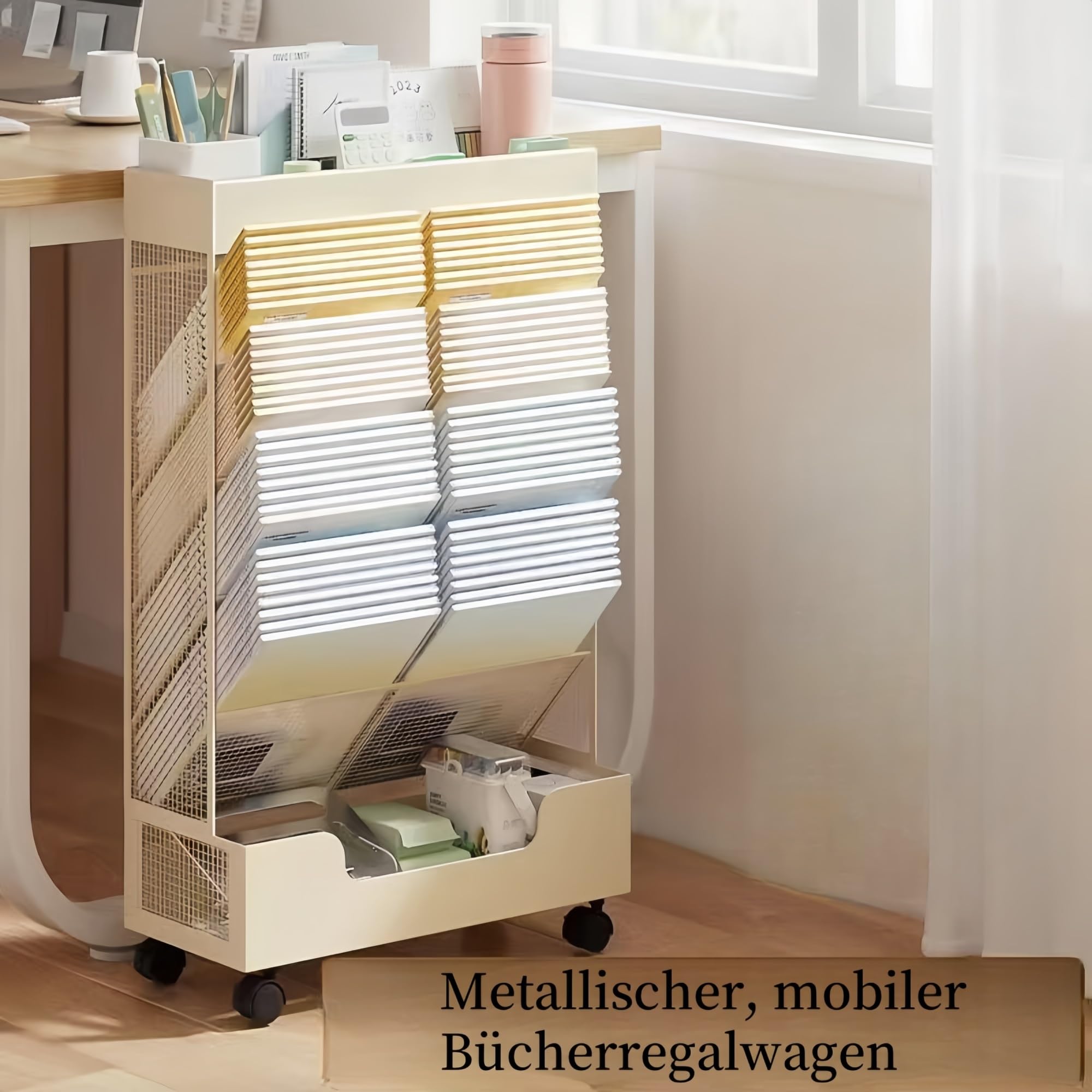 Mobiler Bücherregalwagen mit Rädern, stabil, 41.2x18.3x68.6cm, für Wohnzimmer, Büro