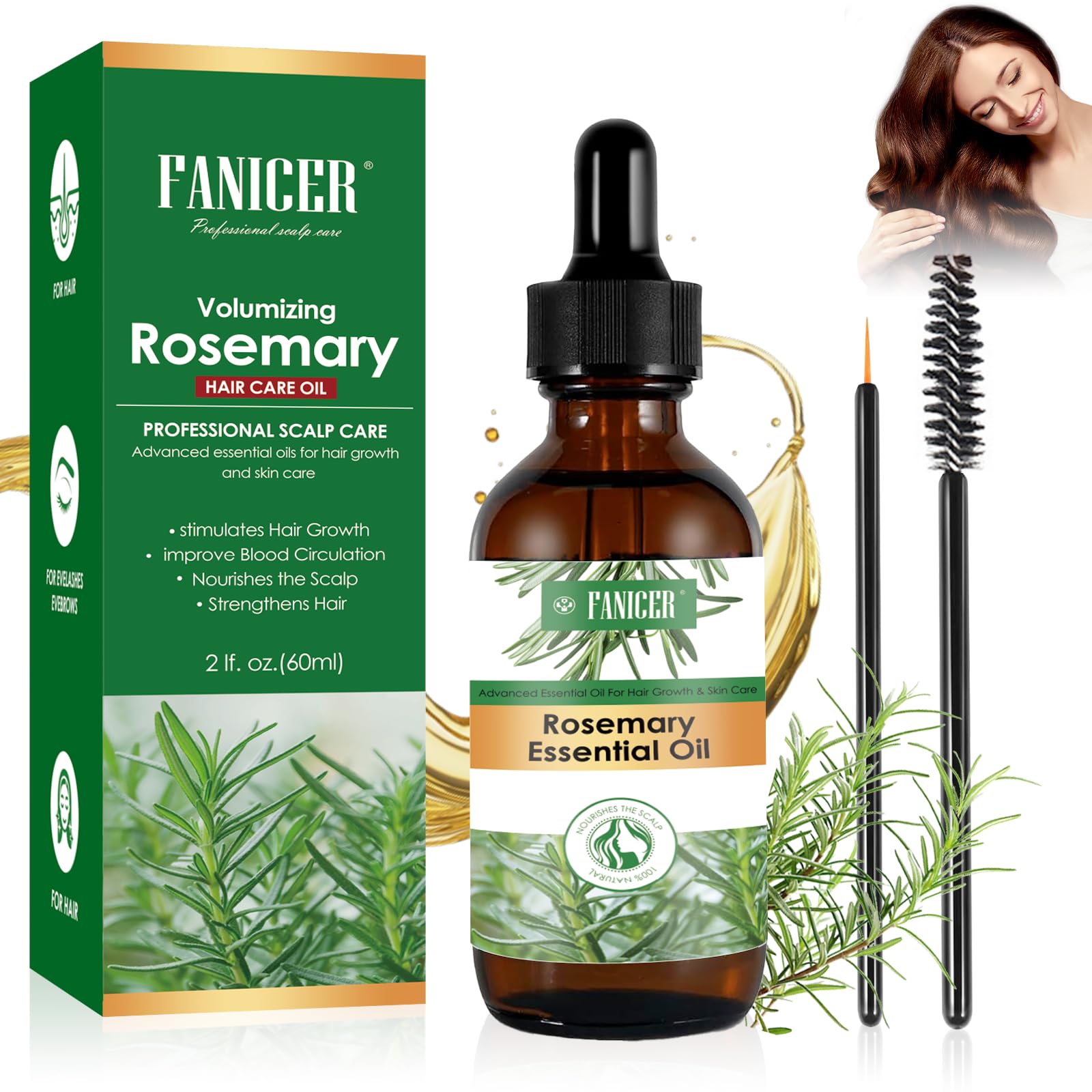 60 ML Aceite de Romero para el Crecimiento del Cabello,Aceite de Romero para el Cabello,Pestañas,Cejas,Rosemary Oil Hair Growth,Aporta Brillo,Nutre el Cuero cabelludo,Reparar el Cabello Dañado