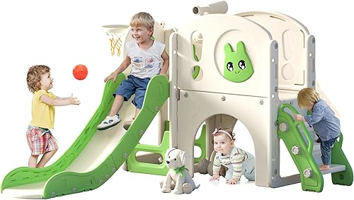 Juego de tobogán y escalador 8 en 1 para niños pequeños, tobogán de parque infantil con escaleras, túnel, telescopio, almacenamiento, aro de