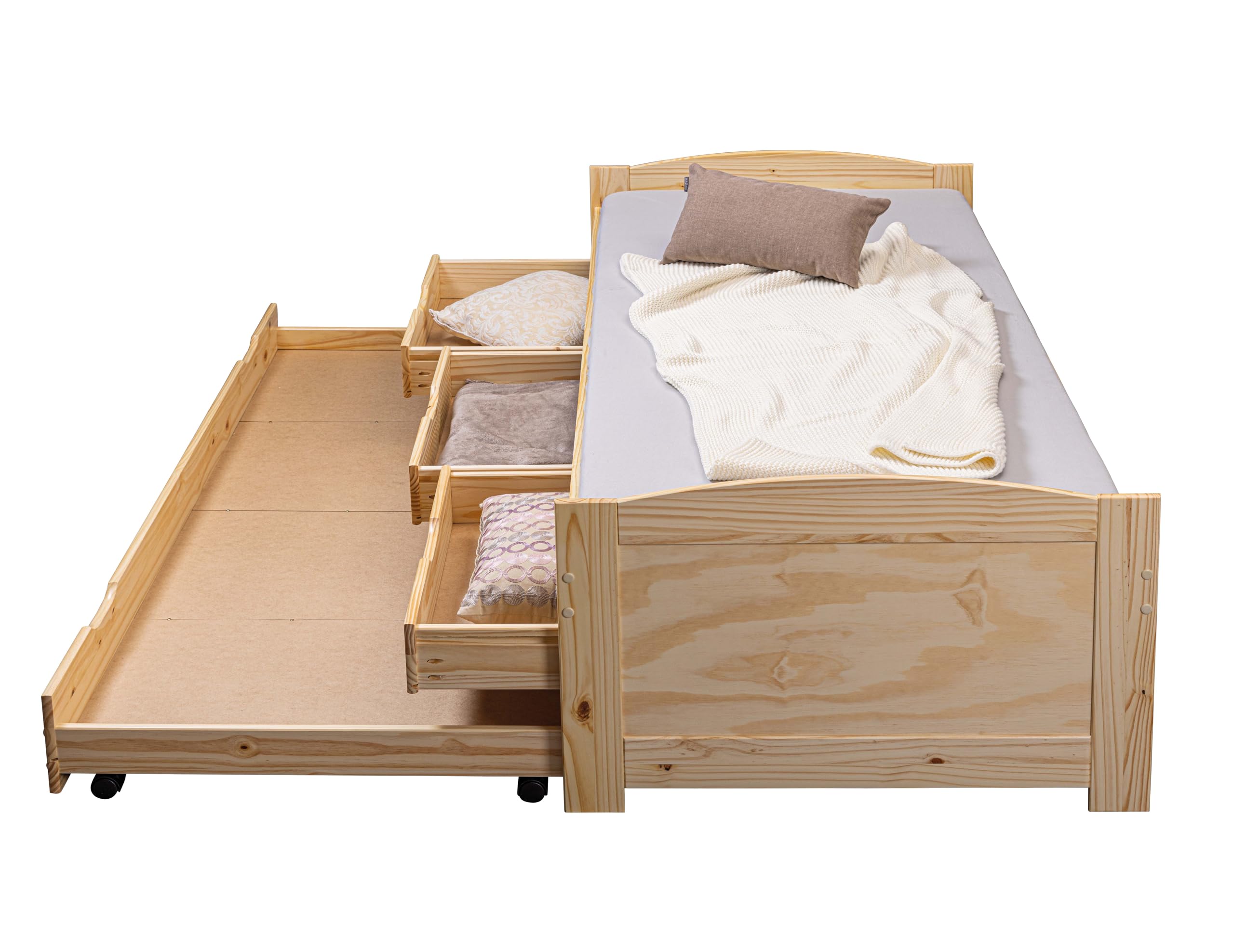 Inter Link Letto a scomparsa Letto con contenitore Letto a cassetti Panca letto 2 letti 90x200 cm 3 cassetti contenitore Legno massiccio Con rete a doghe Senza materasso Naturale Marinella 90x200 cm