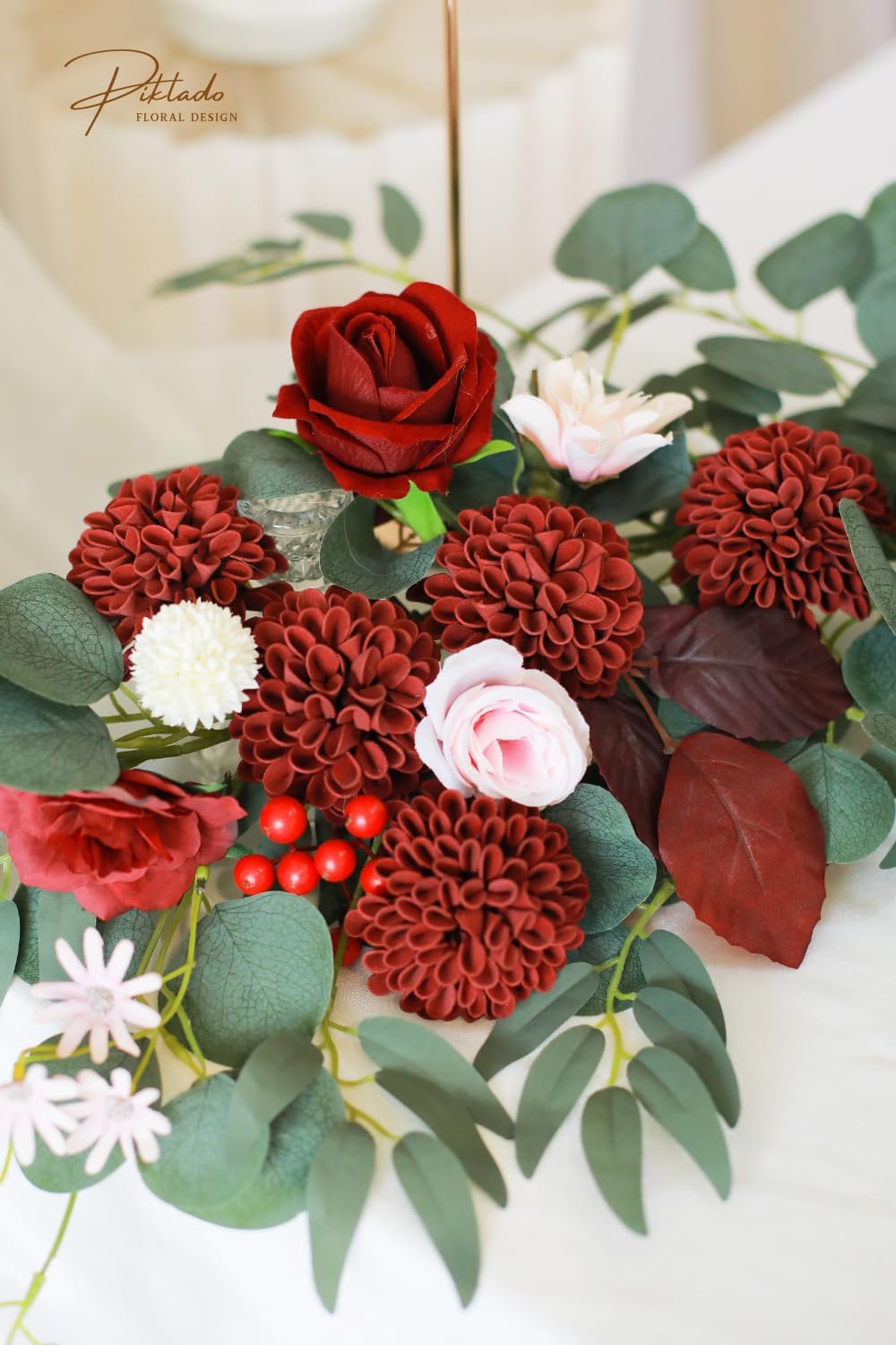 Artificial Wedding Dahlia Flowers 25 pcs Fake Roses w/Stem for DIY Wedding Decor Centerpieces Arrangements Bouquets (Burgundy) - Image 5