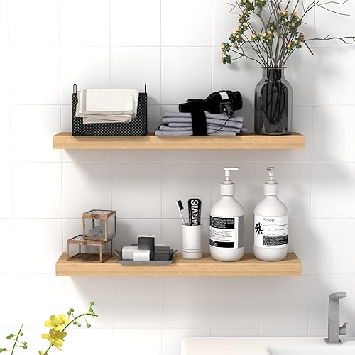 Miniatura 8 de FALANZATH Juego de 2 estantes flotantes de pared, estantes de madera de 30 pulgadas con soportes invisibles, para baño, dormitorio, inodoro, cocina,