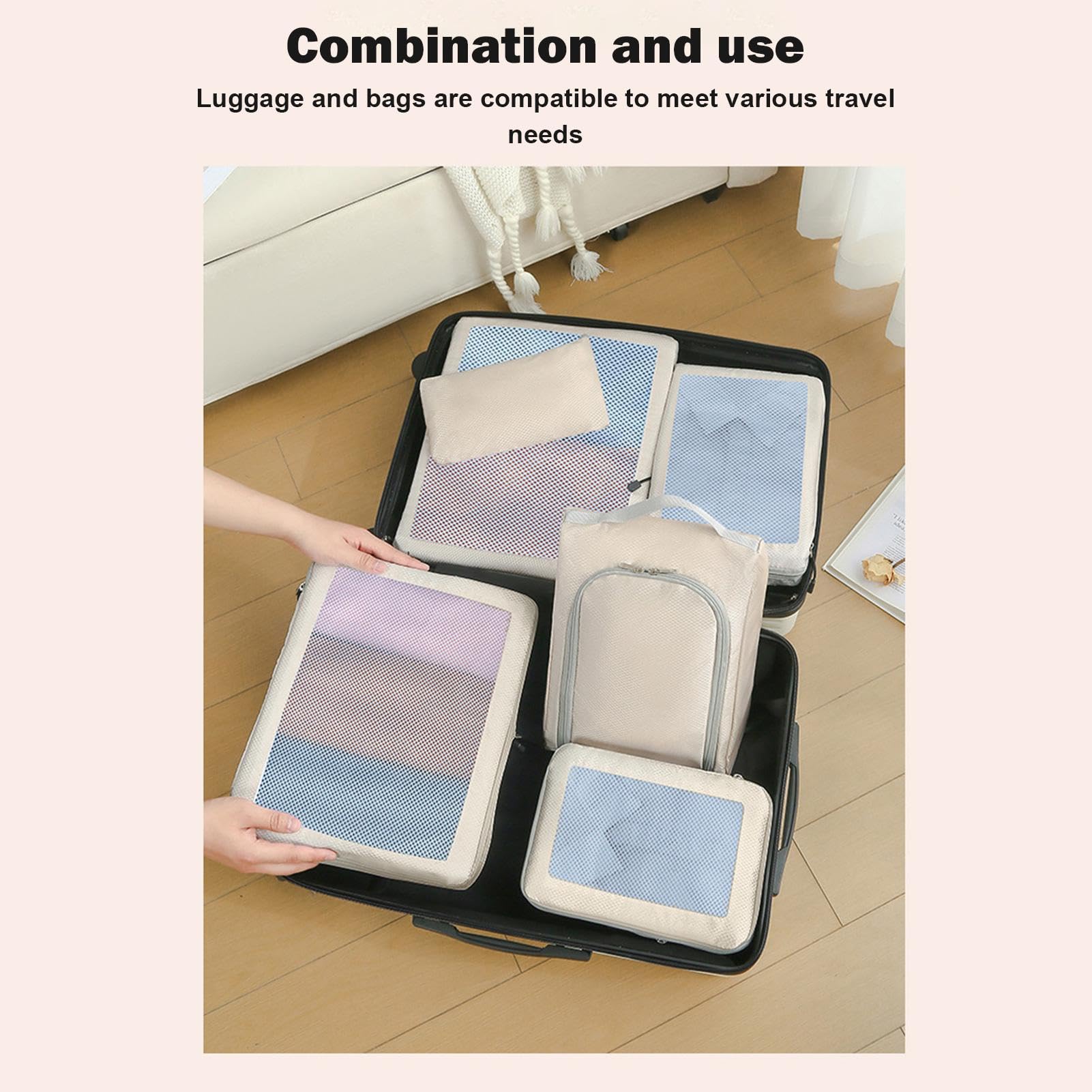 Borse per valigia, borsa a compressione manuale, set con 8 tasche | impermeabili a compressione per valigia, contenitore per abiti con chiusura lampo e manico per dormitori, soffitta