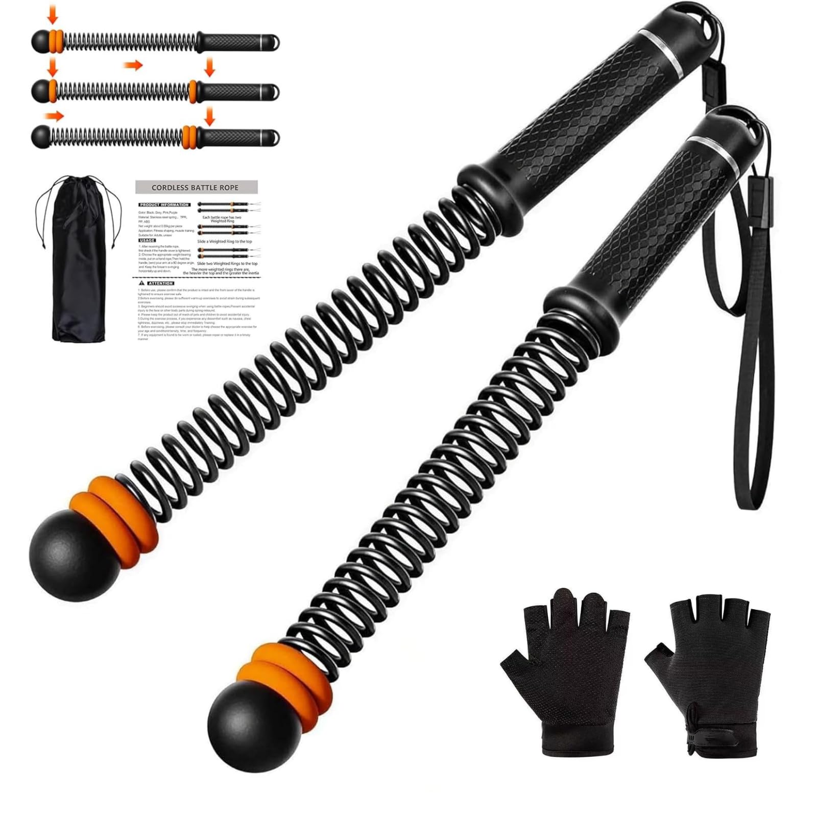 Cuerdas de batalla portátiles sin cuerda con pesos ajustables para gimnasio en casa, equipo de entrenamiento inalámbrico para HIIT, bolsa de almacenamiento de entrenamiento de bajo impacto, guantes