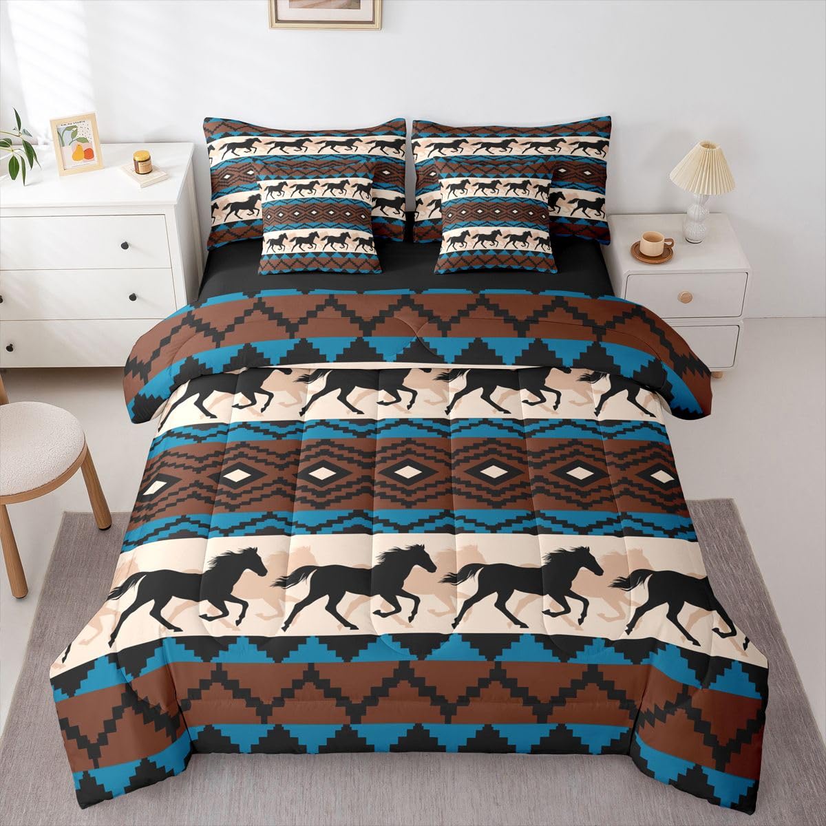 Erosebridal Black Galloping Horse 7-Piece Comforter Set Full Bed in a Bag | Western Bedding Sets Exotic Aztec Comforter and Sheet Set, Nordic Style Boho Tribal Wild Animal Room Decor,Blue Brown