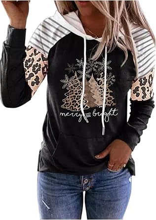 LANMERTREE Leopard Christmas Trees Snowflake Splicing Hoodie T Shirt for Women Xmas Vacation Long Sleeve Casual Tees Top