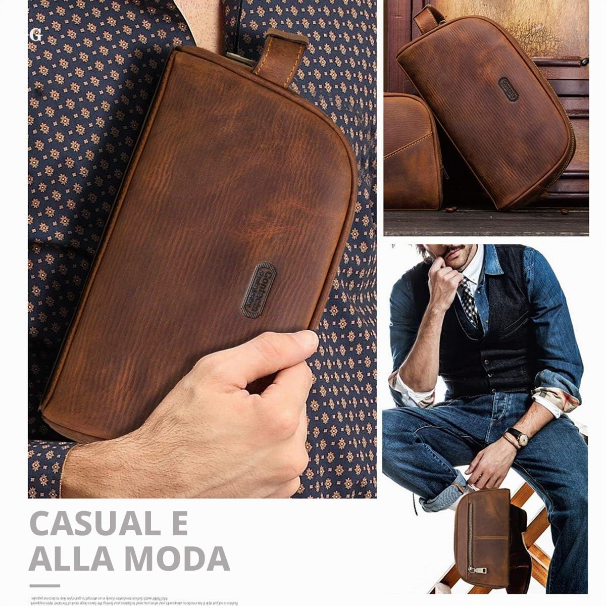 Contatti Uomo Borsa da Toilette Business Viaggio in Pelle di Mucca con Grande Capacità Doppia Cerniera