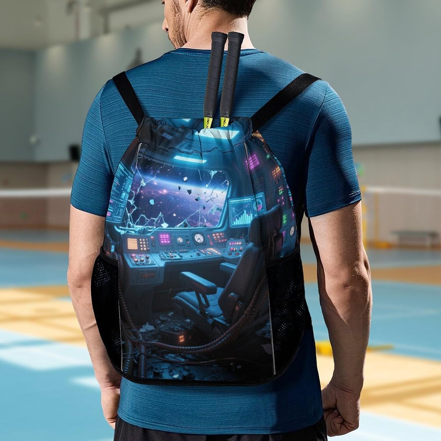 Small Gym Bag Spaceship Control Room Printed Drawstring Gym Bag for Men Lightweight Waterproof Drawstring Backpack for Women with Shoe Compartment for Travel Tourism Work And Fitness