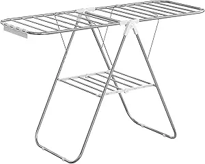 SONGMICS Clothes Drying Rack, with Sock Clips, Metal Laundry Rack, Foldable, Space-Saving, Free-Standing Airer, with Height-Adjustable Gullwings, Indoor Outdoor Use, Silver and White ULLR052W01