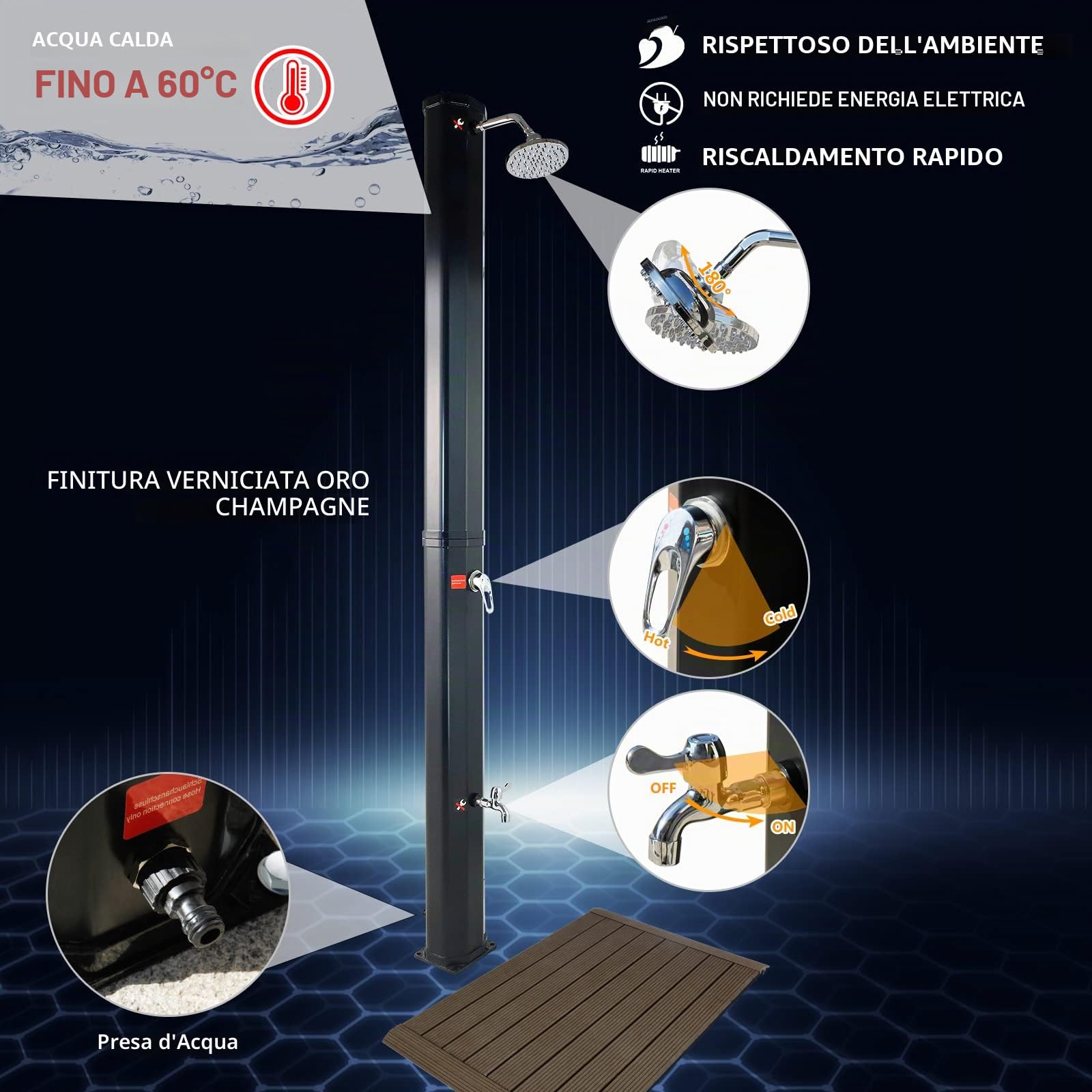CCLIFE Doccia Solare da Giardino con Pavimento in WPC 40 L, Doccia fotovoltaica/Solare da Esterno con Rubinetto e soffione a Pioggia, con Guscio di Protezione Acqua Calda Fino a 60 °C