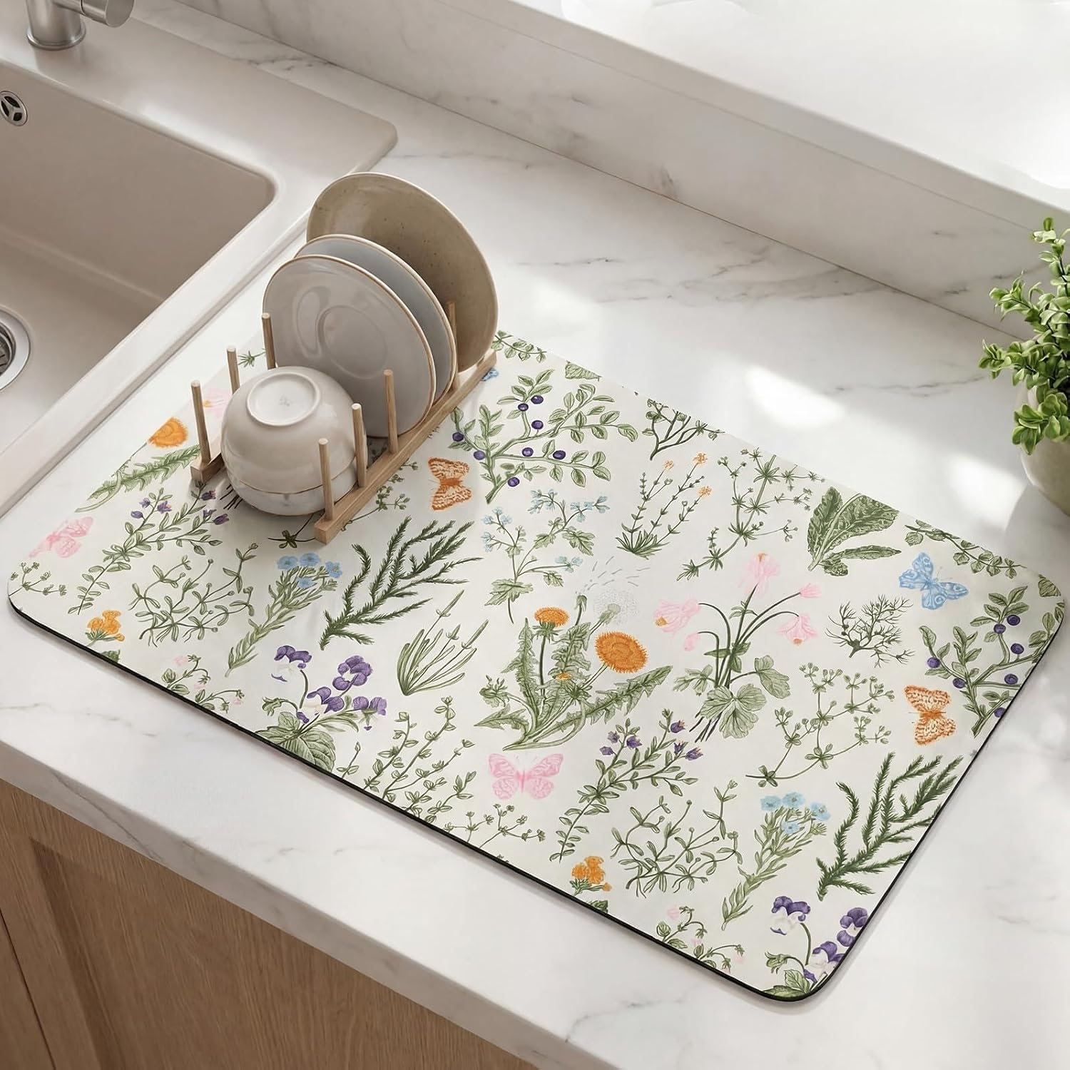 LemonRoad Dish Drying Mat for Kitchen Counter, 12"x20" Absorbent Coffee Bar Mat with Spring Floral Design, Fast-dry Diatomite Drainer Drying Mats with Non-slip Backing for Kitchen Sink Countertop