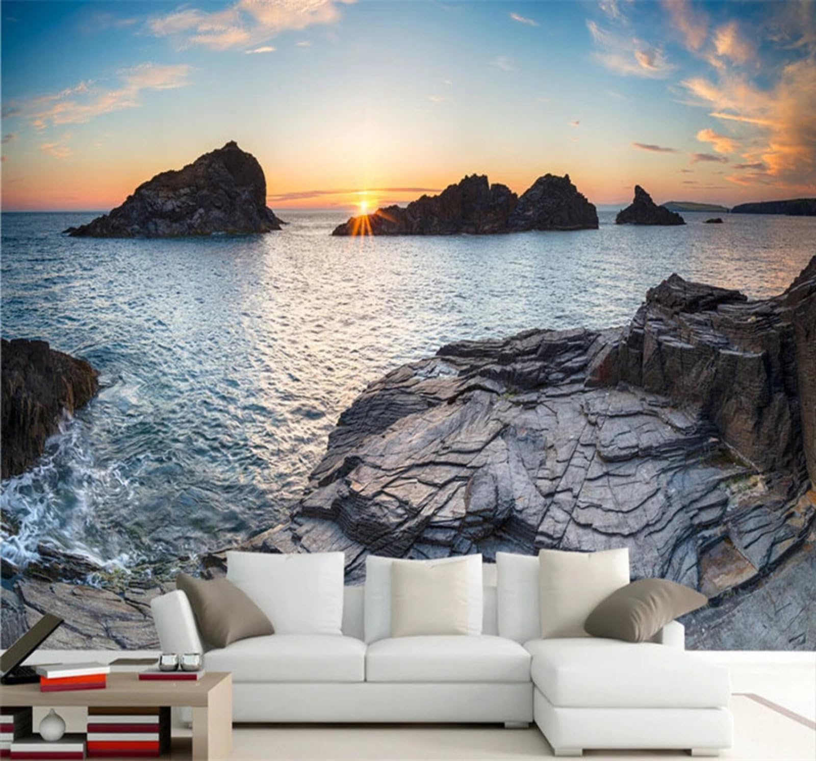 Xlming 350Cm×256Cm(B×H) Beautiful Sunrise Sea Beach Scenery 3D Wallpaper Luxury Home Dining Decor Paste Sofa Living Room The Wall For Bedroom Mural-350Cm×256Cm