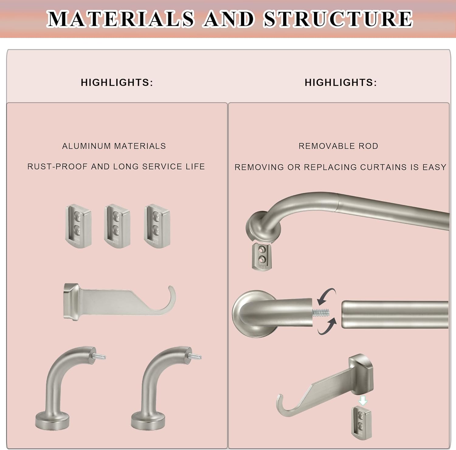 Brushed Nickel Curtain Rods for Windows 48-88",1 Inch Disc Wrap Around Curtain Rod with Aluminum Finials and Brackets,No Screw Disassembly Adjustable Blackout Curved Room Darkening Curtain Rod
