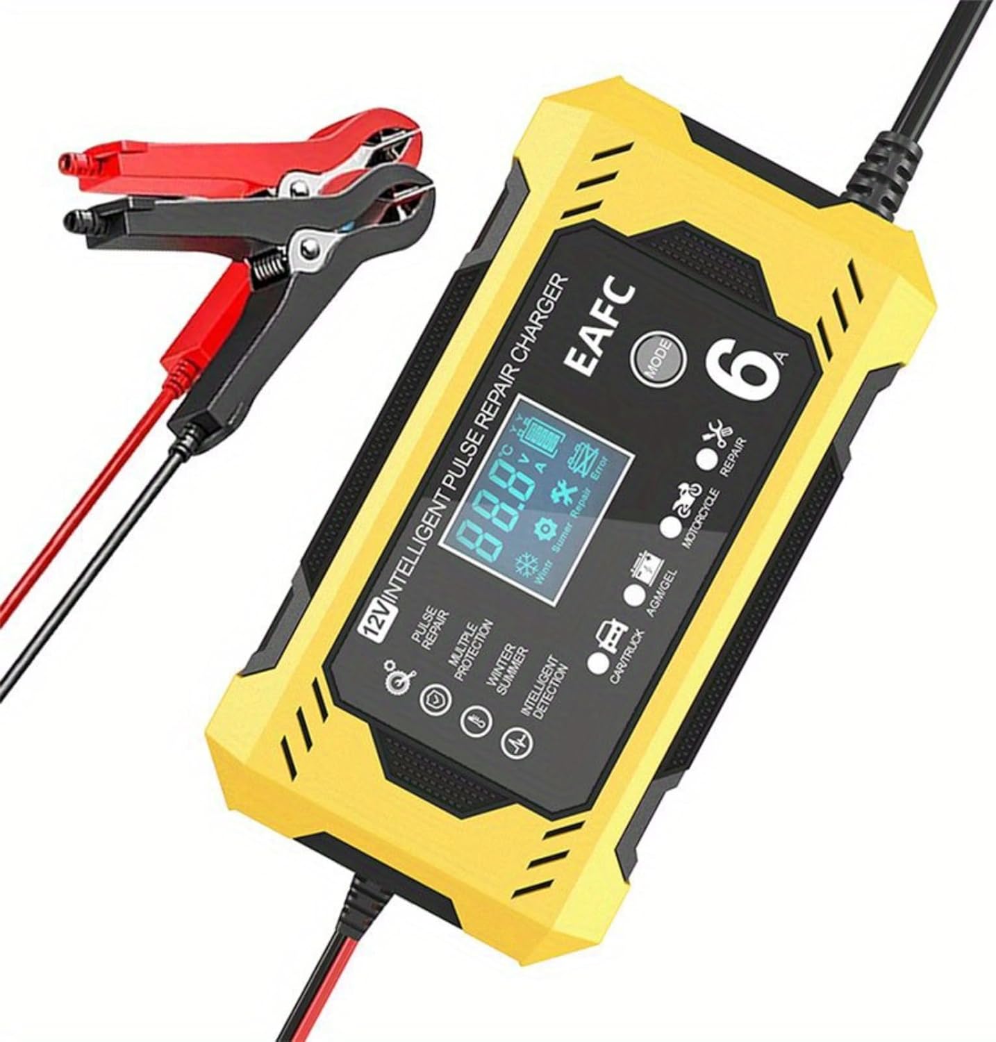 EAFCAuto 12V 6A Smart Trickle Charger with red and black battery clamps