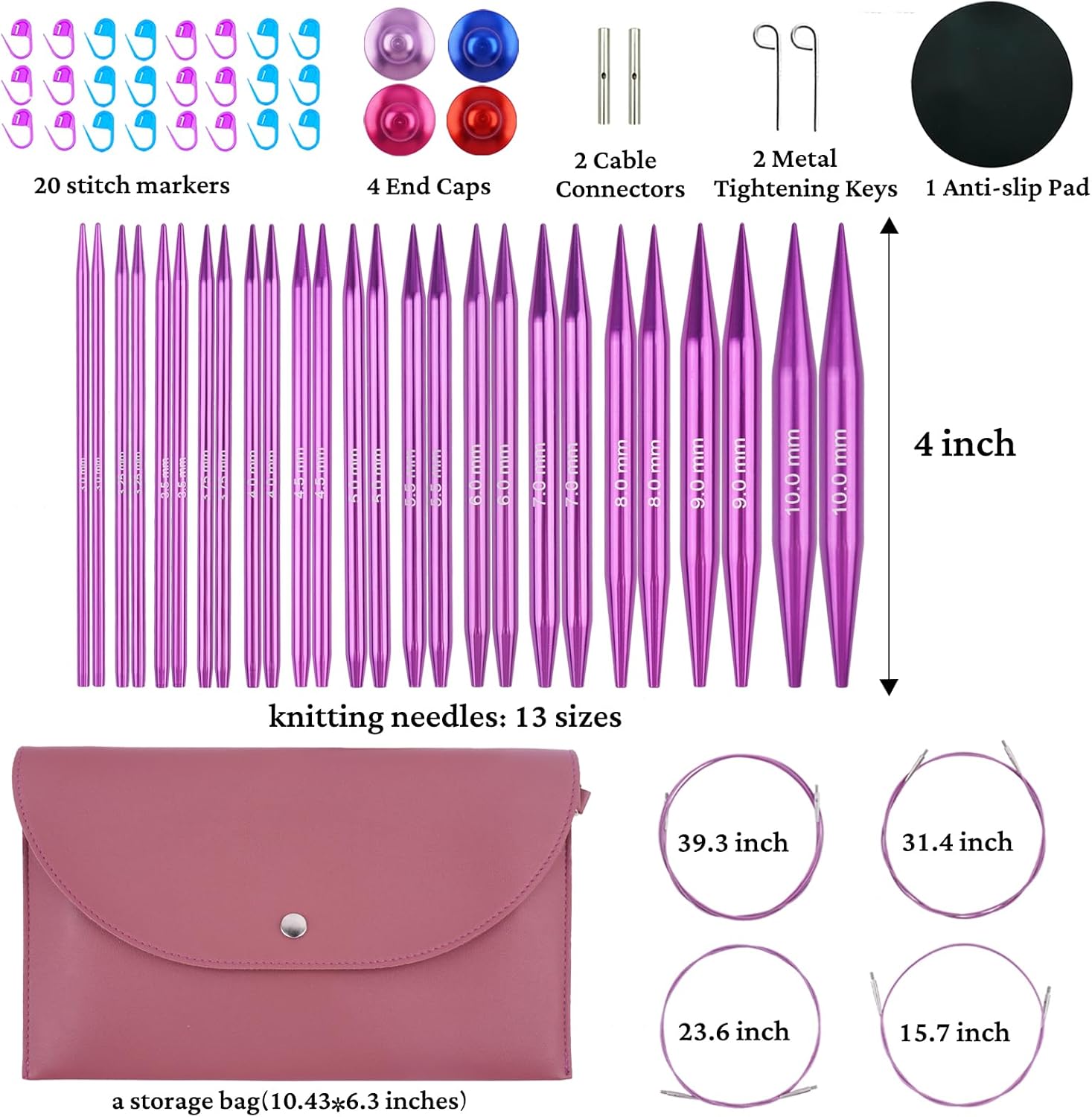 Hobekoee 13 Pairs Interchangeable Circular Knitting Needles Set 3mm-10mm Interchangeable Aluminum Round Knitting Needles Set with 4 Memoryless Cables for DIY Knitting Lovers