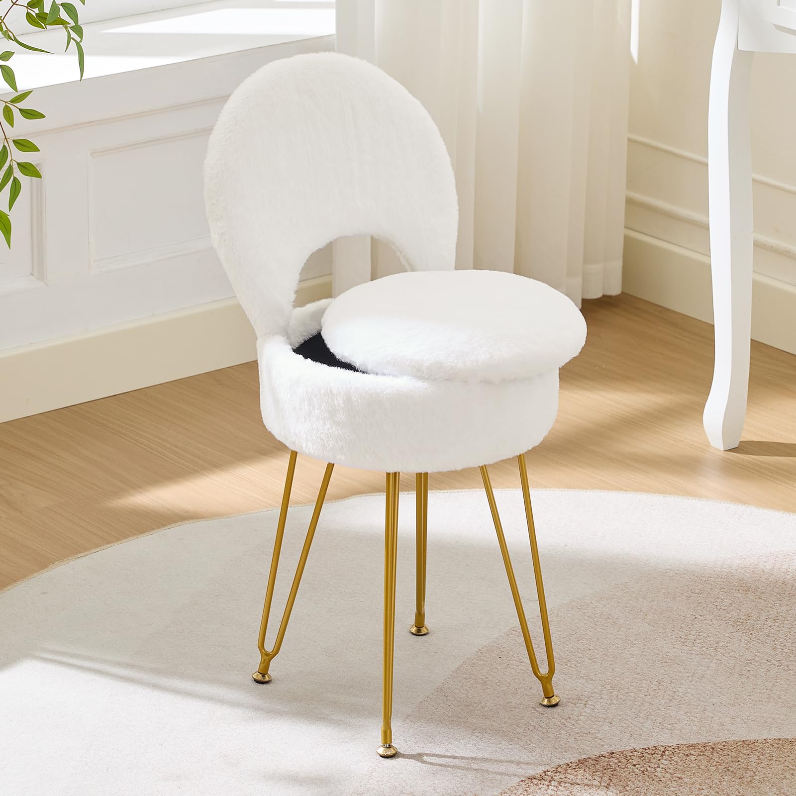Small Vanity Chair Vanity Stool - 13" Dx13 W Folding Back, Storage Ottoman, Faux Fur White, Ideal for Children/Girls/Teenagers