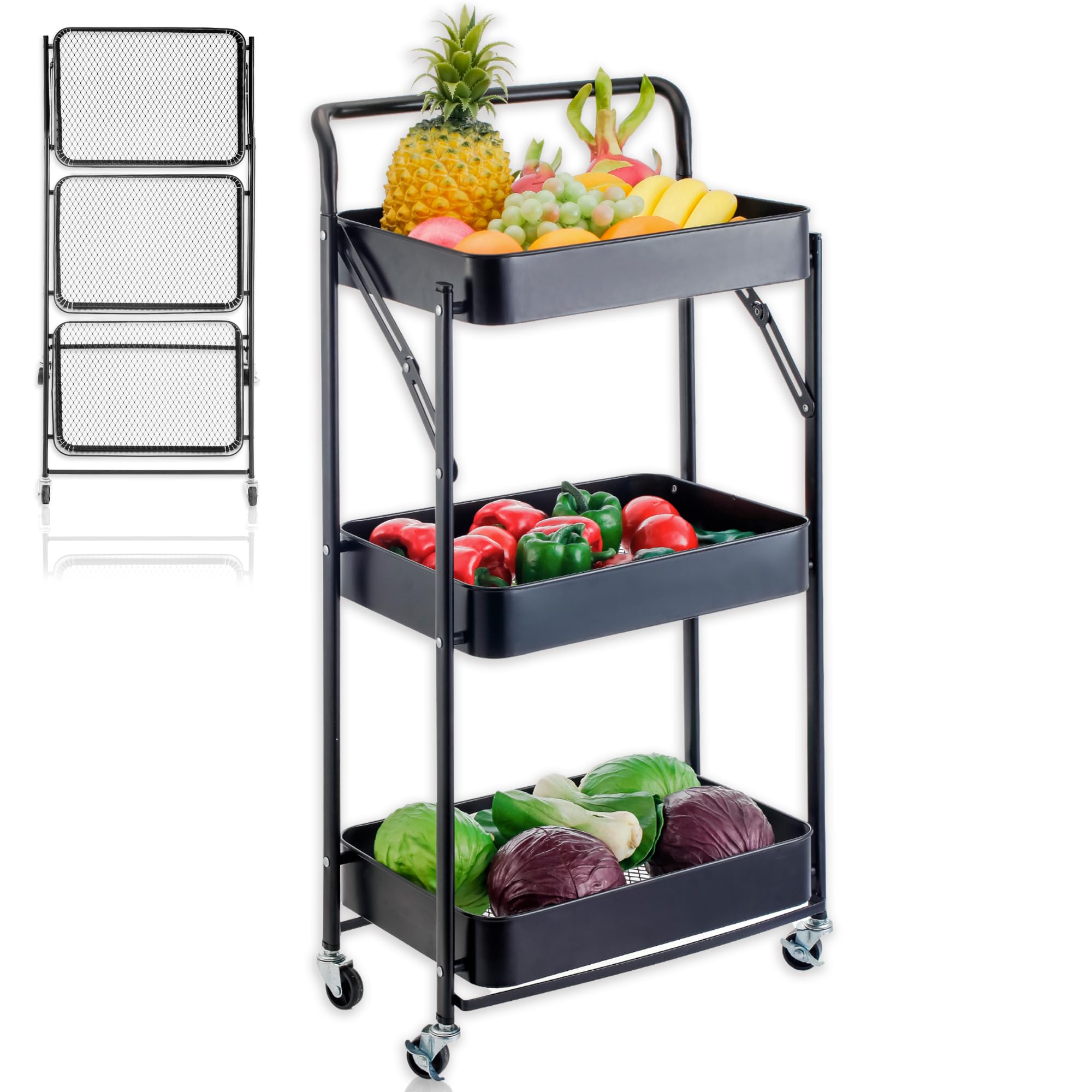 Carrito Cocina Plegable, Camarera Plegable con Ruedas. Carro Organizador almacenaje 45x30x87cm. Ideal para baño, Cocina, Oficina, estética. Color Negro.