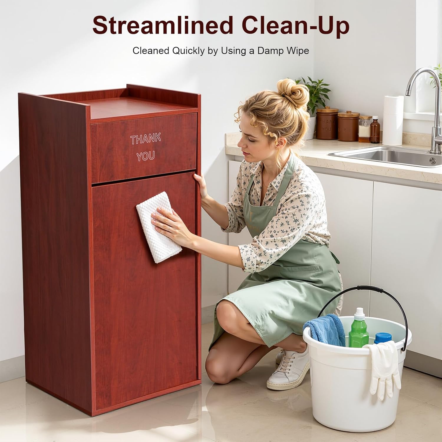 Wooden Trash Can Cabinet - 30Gal Commercial Garbage Bin with Swing Door & Trash Bag, 110lbs Capacity Eco-Board for Restaurant, Office​, Dining Areas
