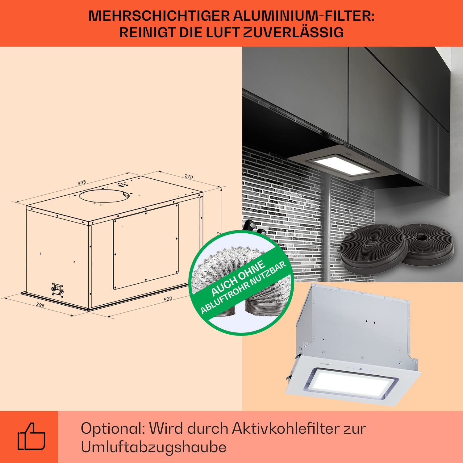 Klarstein Dunstabzugshaube Unterbau, Einbau-Dunstabzugshaube Flach mit Spülmaschinenfestem Aluminium-Fettfilter, 506m³/h Luftstrom, LEDs, Abzugshaube aus Stahl, Dunstabzugshaube ohne Abluftrohr