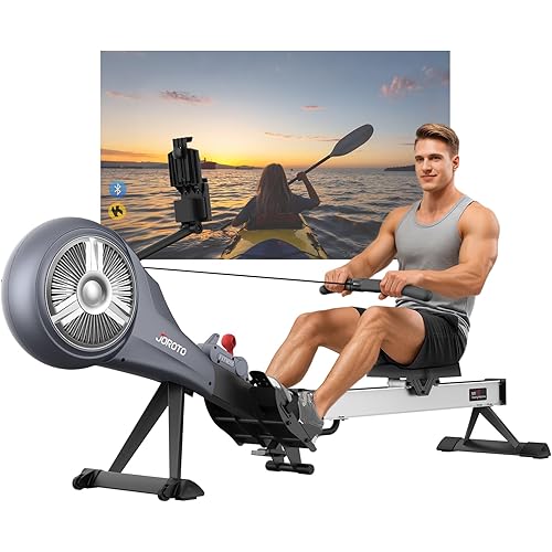 JOROTO Rowing Machine for Home Foldable, Air Magnetic Rowing Machines with 10-Level Adjustable Resistance, Quiet Ergonomic Seat，Bluetooth App, Max 350LBS, Space-Saving Home Gym, Gray