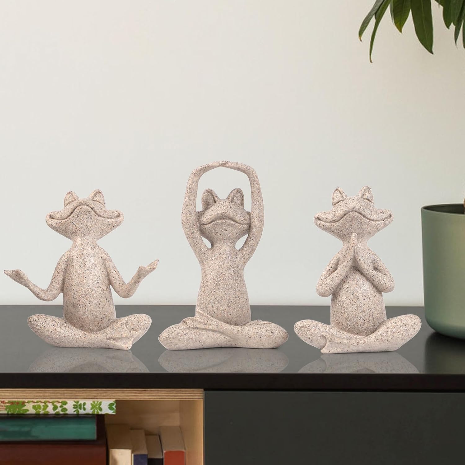 Suoedd Sandstone Frog Figurines Yoga Decor Set of 3 –Frog Yoga Statues for Modern Living Room Table Office Bookshelf Shelves Home Sculptures Decor