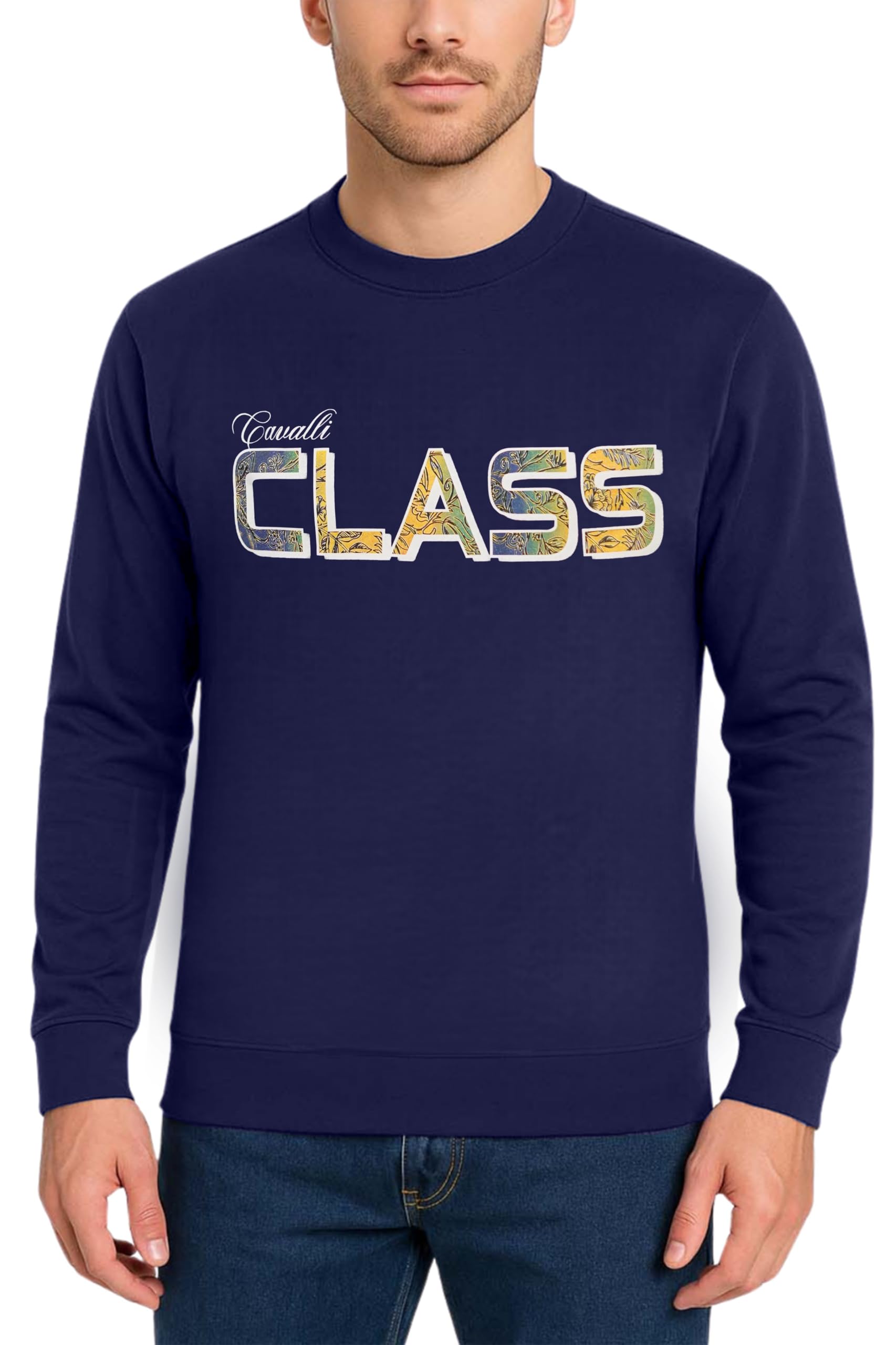 Men's Round Neck Brand Logo Sweatshirts Blue